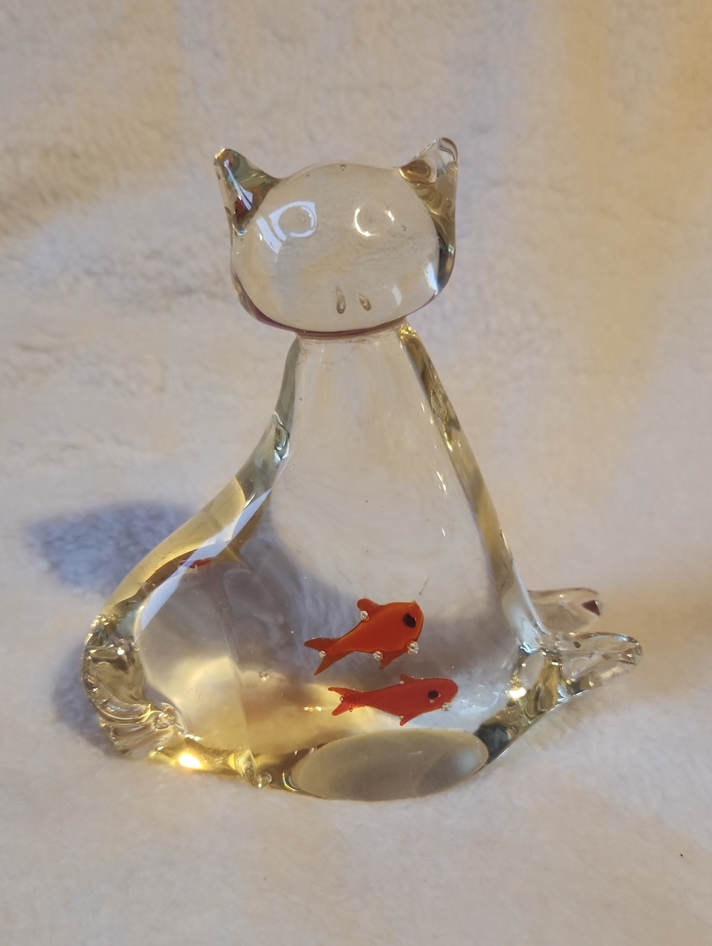 Clear Glass Playful, Office, Teacher Cat Figurine w Orange Fish Paper Weight
